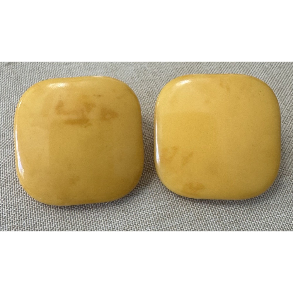 Vintage Yellow Enamel Square Clip On Earrings Gold Tone Retro Statement